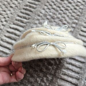 Vintage Wool Pill Box Hat, Cream with Silver Accents